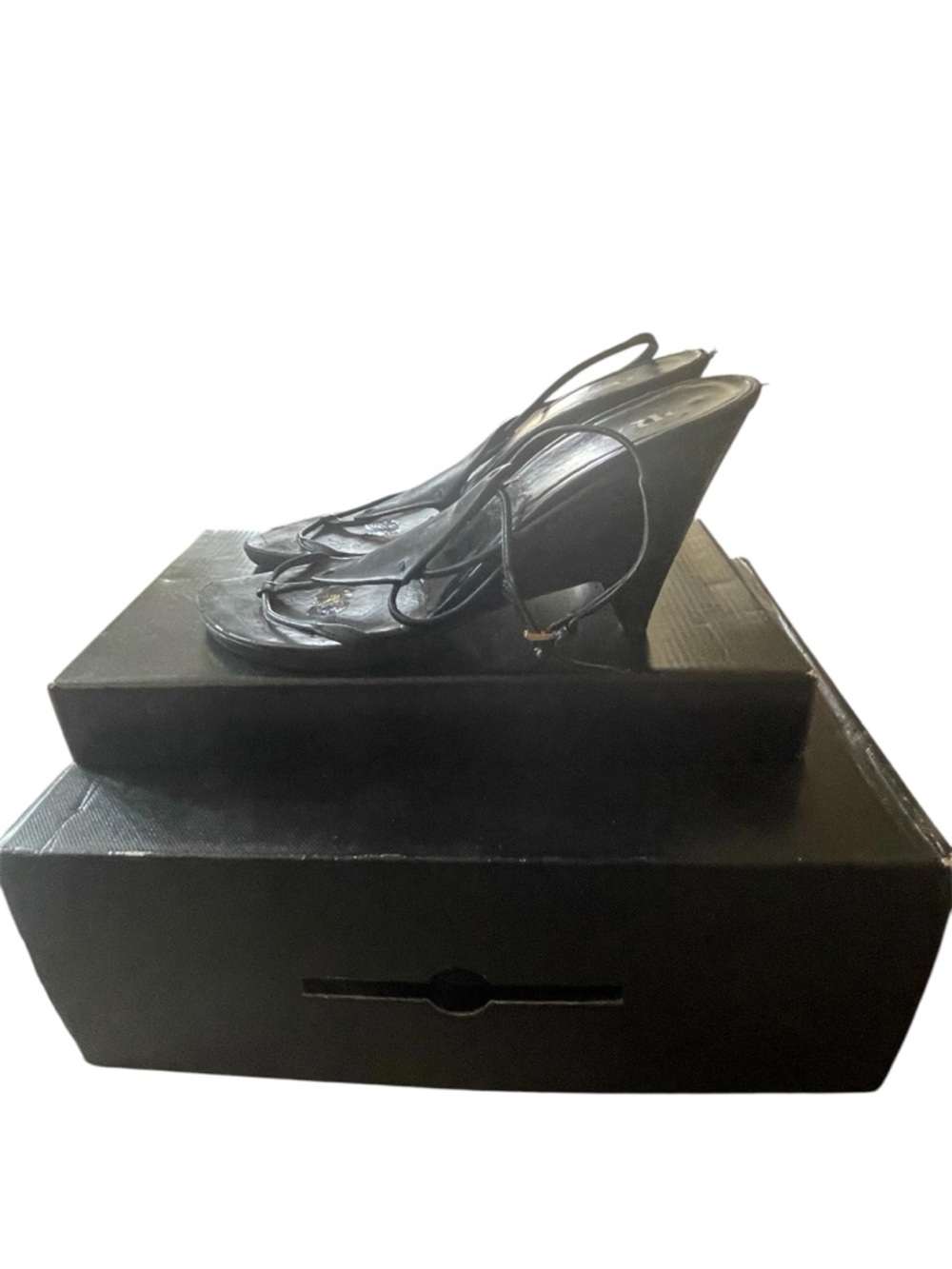 Prada Black Leather Strappy Slide Wedge Heels